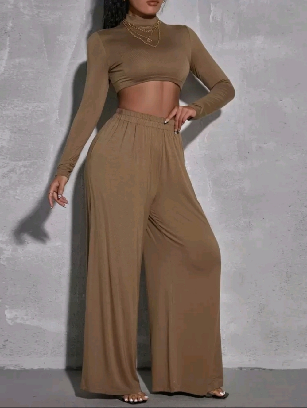 High-Waist Wide-Leg Pants — Brown
